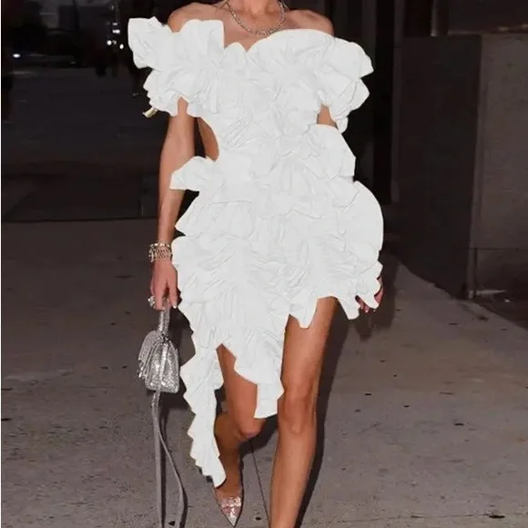 Elegant Ruffle Statement Mini Dress – Off-Shoulder Layered Halter Cocktail Dress - Picture 11 of 13